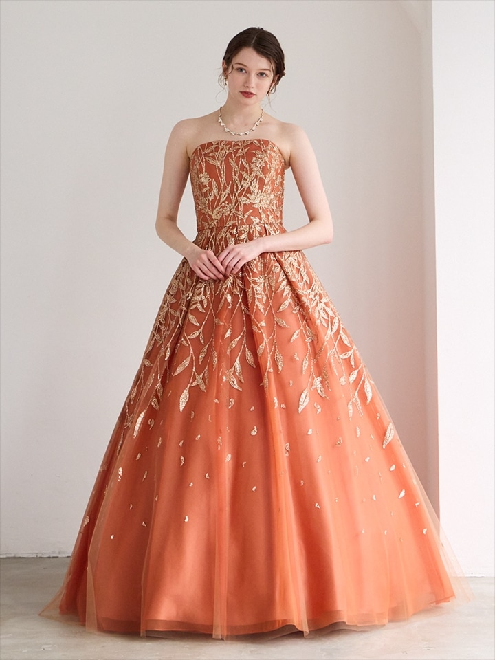 Canora/ハードチュール×リーフモチーフラメグリッターロングドレス|レンガ