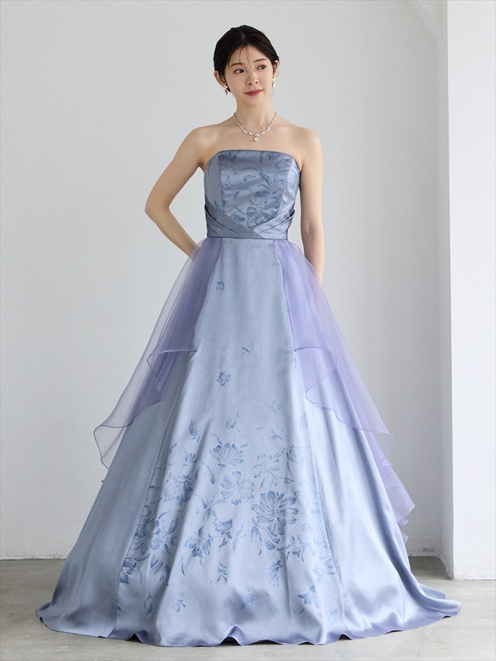 Lirene/タスラン×ラメグリッターAラインロングドレス|ブルーグレー