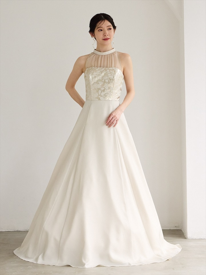 Brillante/ジョーゼット×箔加工Aライン2WAYロングドレス|ベージュ