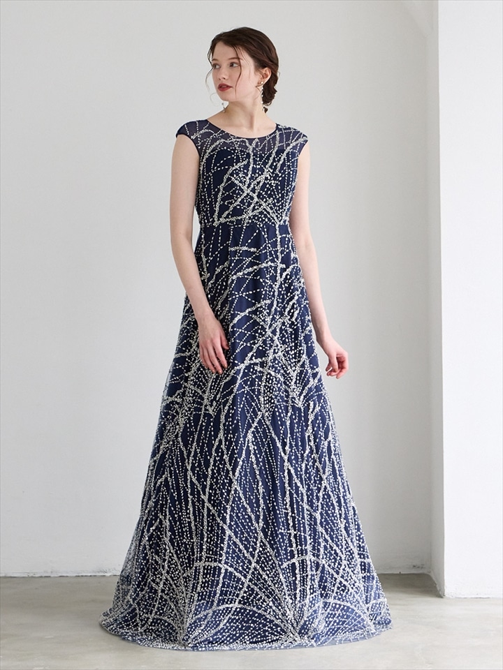 Celesta/チュール×ビーズ・スパンコール刺繍ロングドレス|ネイビー