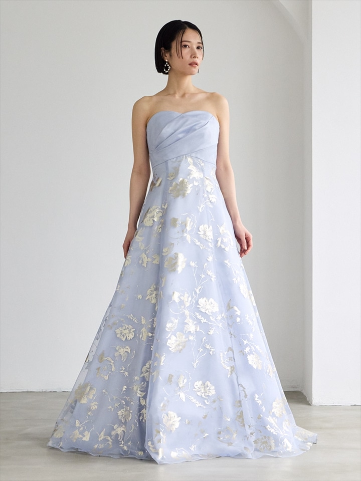 lunar/オーガンジー×箔ロングドレス|ブルーグレー