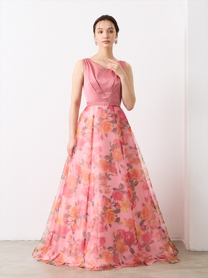 Floraison/サテン・オーガンジー×プリントドレス|オールドローズ