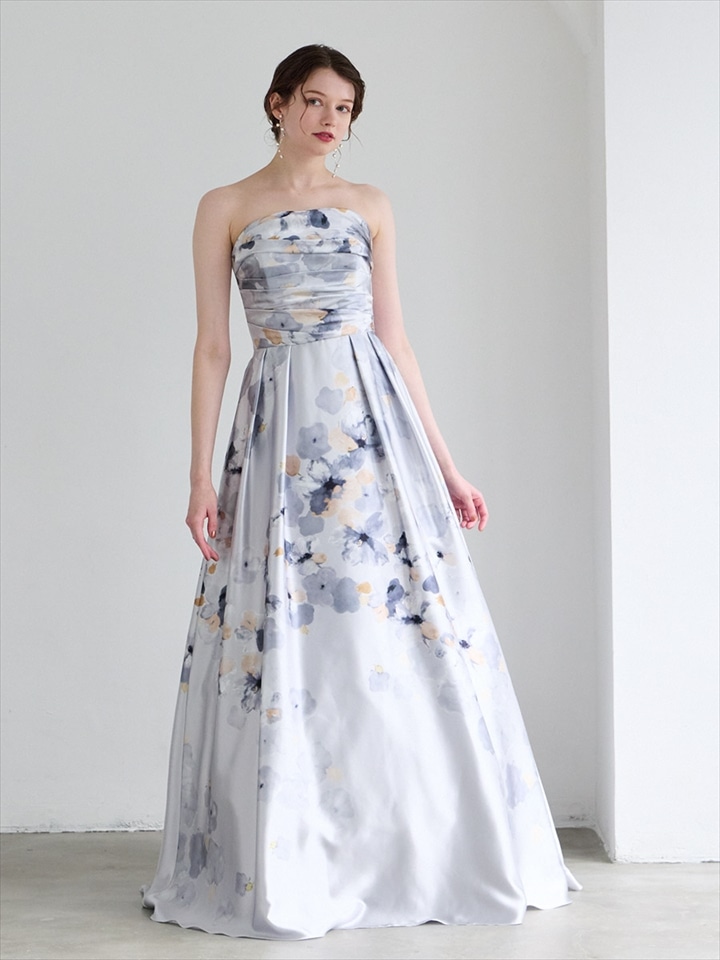 Mist/サテン×フラワープリントロングドレス|ライトグレー