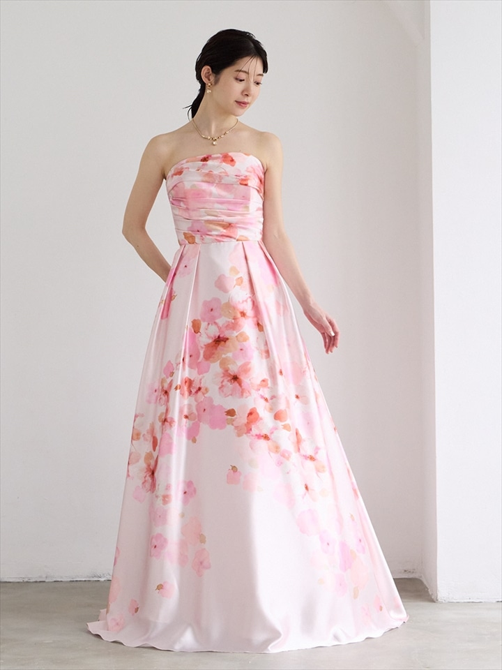Mist/サテン×フラワープリントロングドレス|ピンク