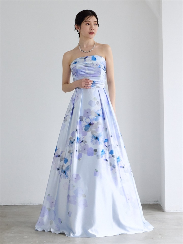 Mist/サテン×フラワープリントロングドレス|ライラック