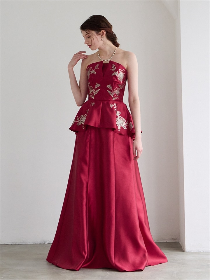 Orliane/ペプラムデザインシャンタンロングドレス|レッド