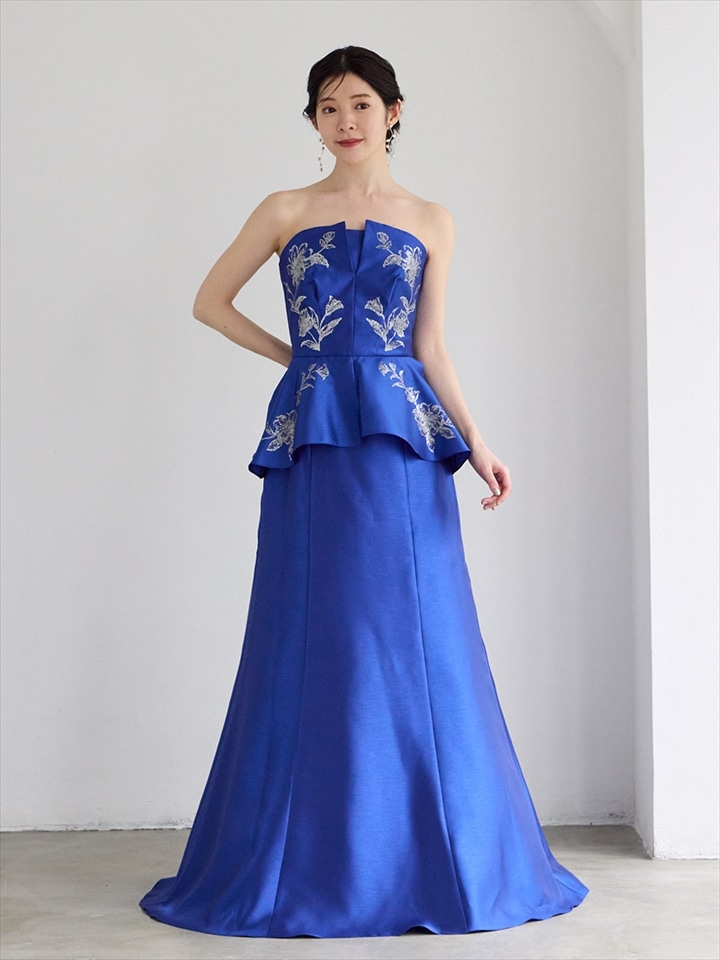 Orliane/ペプラムデザインシャンタンロングドレス|ブルー