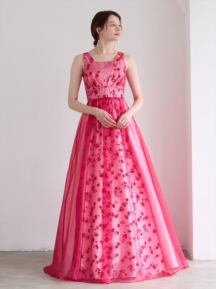 Roselle/オーガンジー×ラメフロッキーロングドレス|ベリー