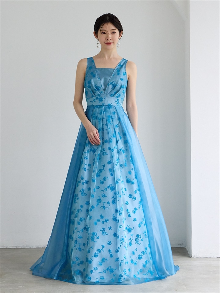 Roselle/オーガンジー×ラメフロッキーロングドレス|ブルー
