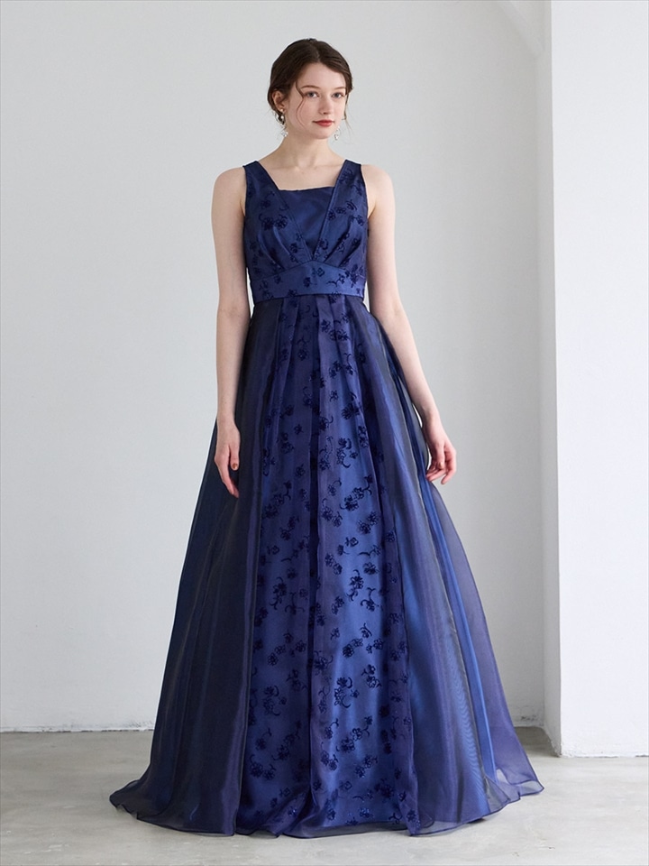 Roselle/オーガンジー×ラメフロッキーロングドレス|ネイビー