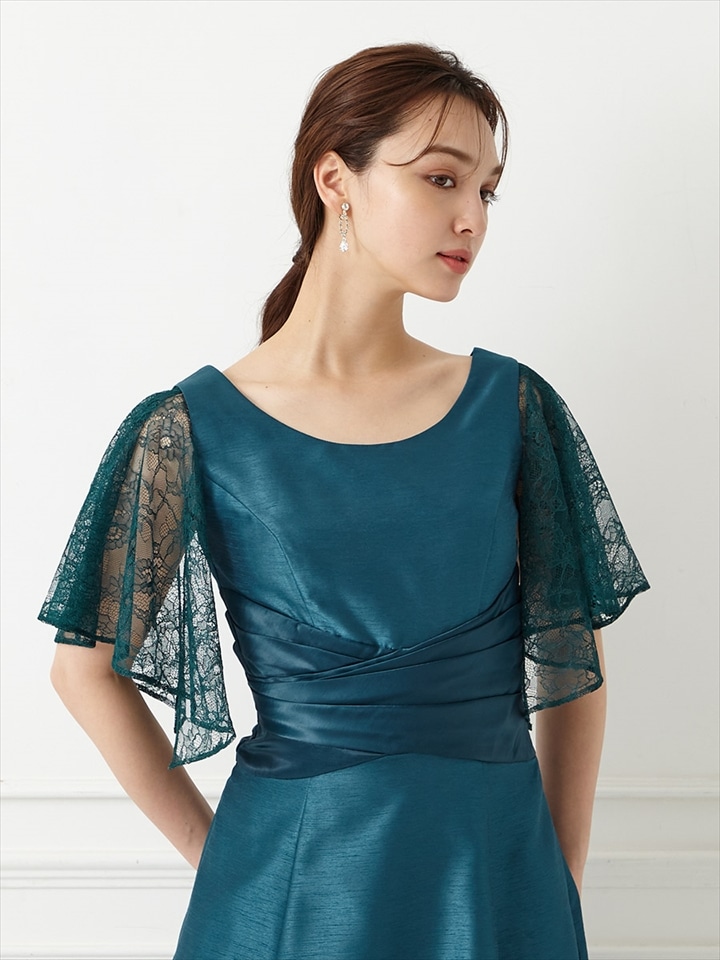 シャンタンロングドレス専用レース付け袖|ピーコックグリーン