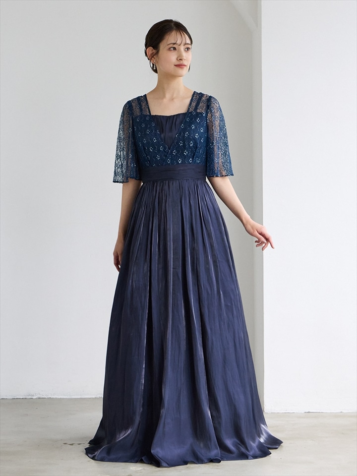 【WEB限定】ラメレース×割繊サテン袖付きドレス|ネイビー