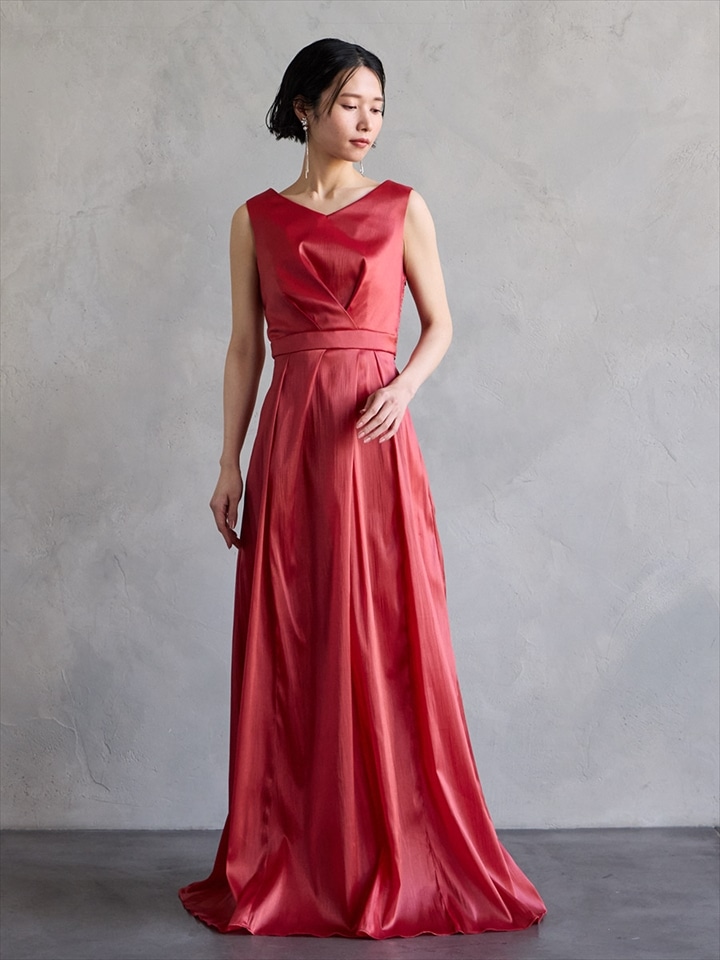 【WEB限定】オーガンジーカラーロングドレス|レッド
