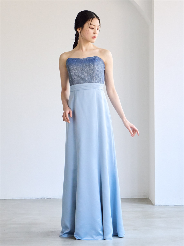 【WEB限定】2WAYラメニット×サテンスレンダードレス|サックス