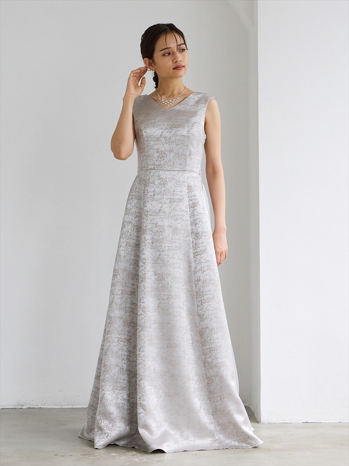 【WEB限定】ジャカード織カラーロングドレス|シルバー