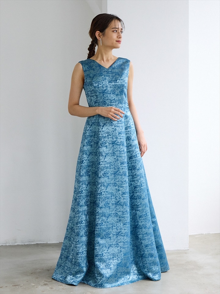 【WEB限定】ジャカード織カラーロングドレス|ターコイズ