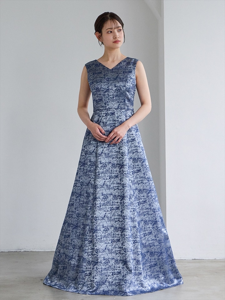 【WEB限定】ジャカード織カラーロングドレス|ダルブルー