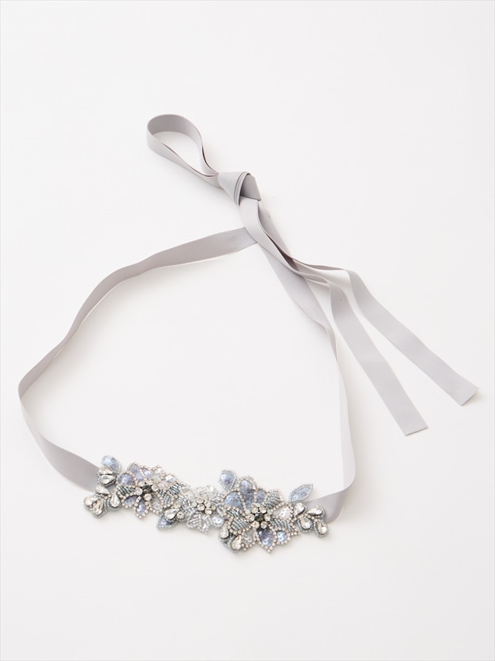 フラワーモチーフ×スパンコール＆ビジュー刺繍サッシュベルト|ライトグレー