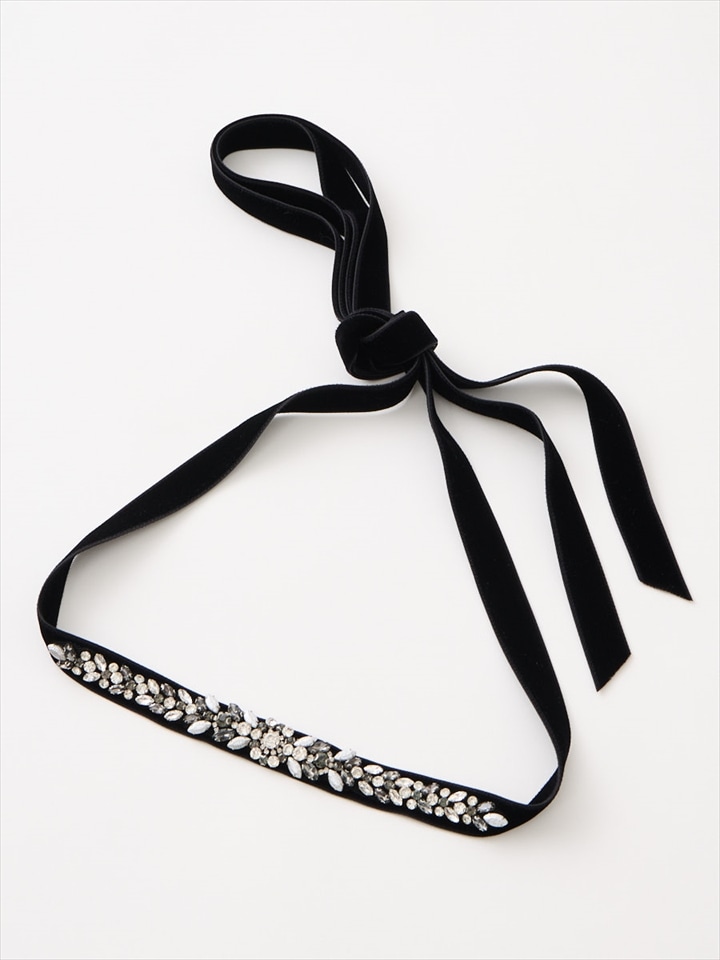 メタルストーン×ベルベットリボンサッシュベルト|ブラック