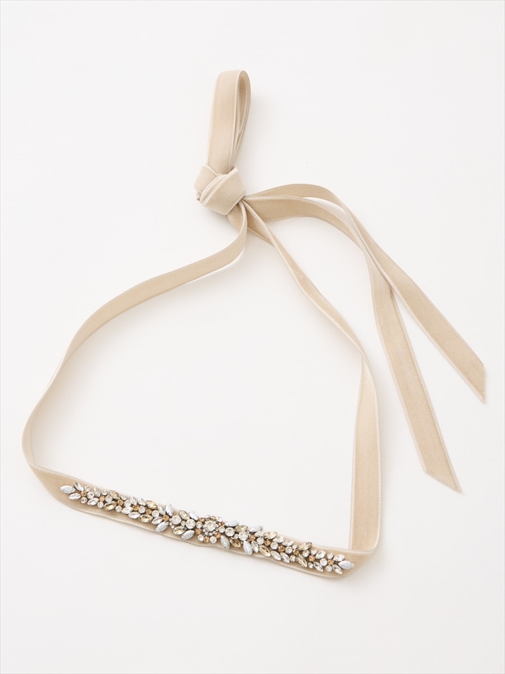 メタルストーン×ベルベットリボンサッシュベルト|ベージュ