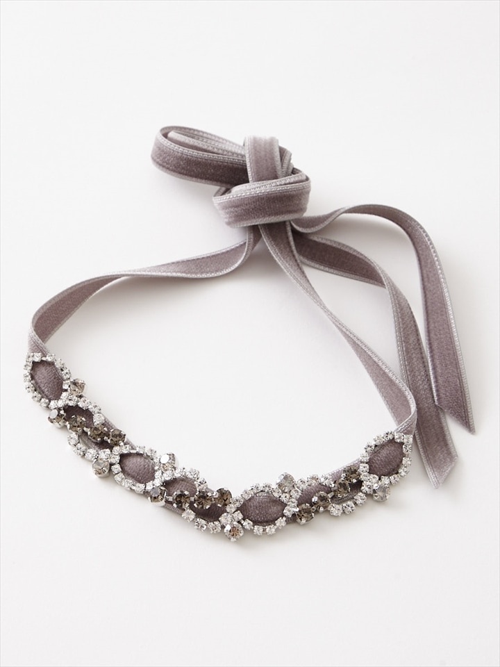 カラーストーン付きベルベットリボンベルト|グレー