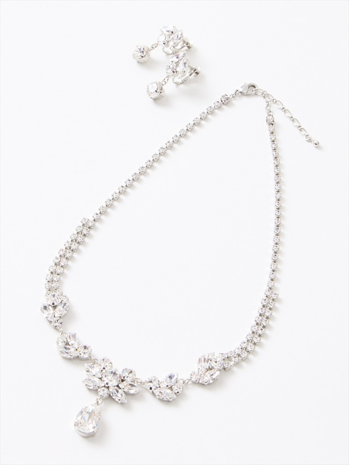 Vライン×ドロップストーンネックレスセット|シルバー