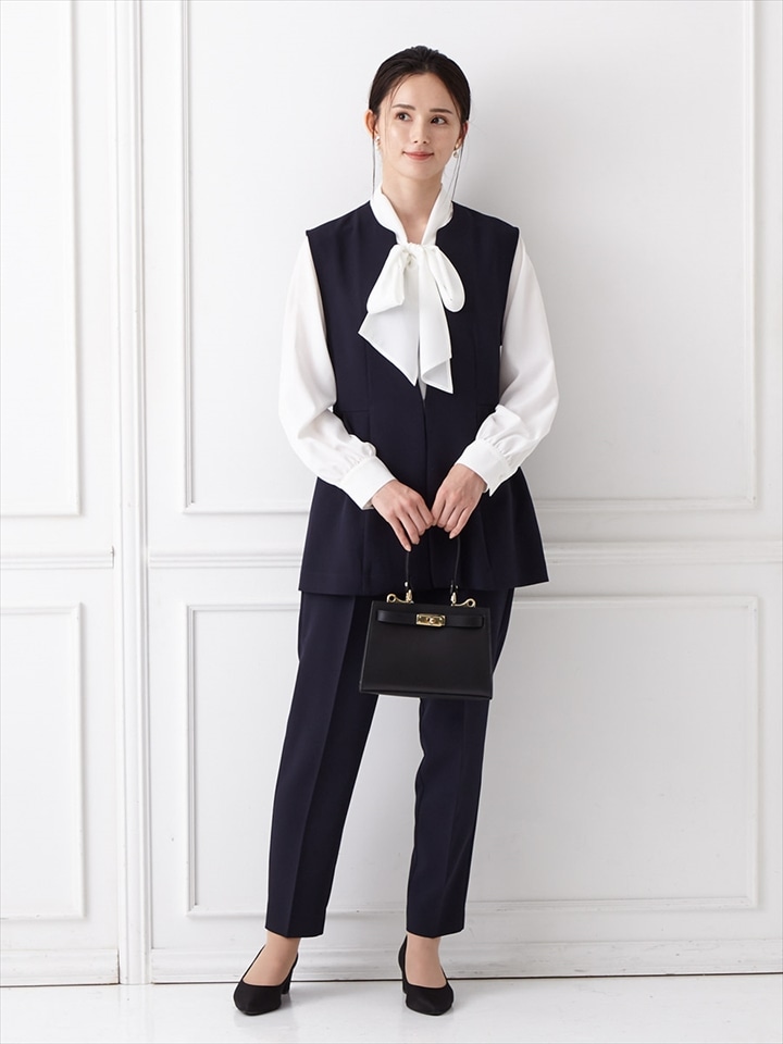 ボウタイブラウス・ジレ・パンツ3点セットアップ|ネイビー