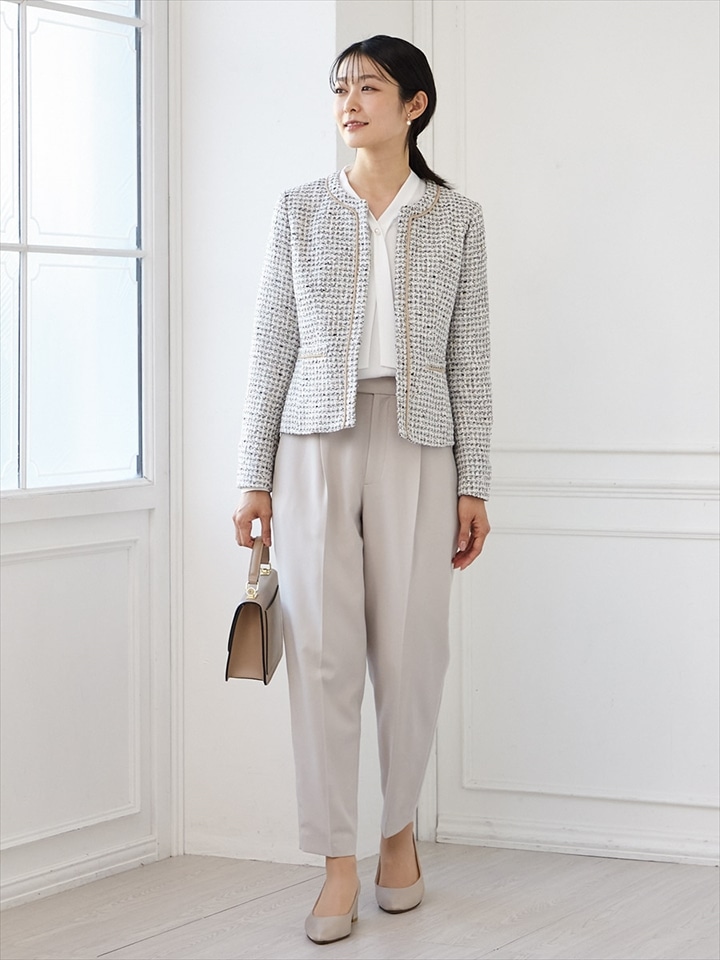 【3点セット】ツイードジャケット＋ボウタイブラウス＋テーパードパンツ|ベージュ