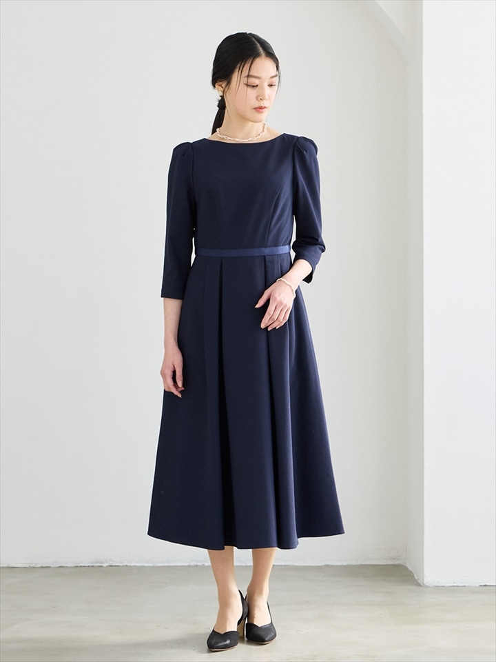 シアサッカーAラインフレアワンピース|ネイビー