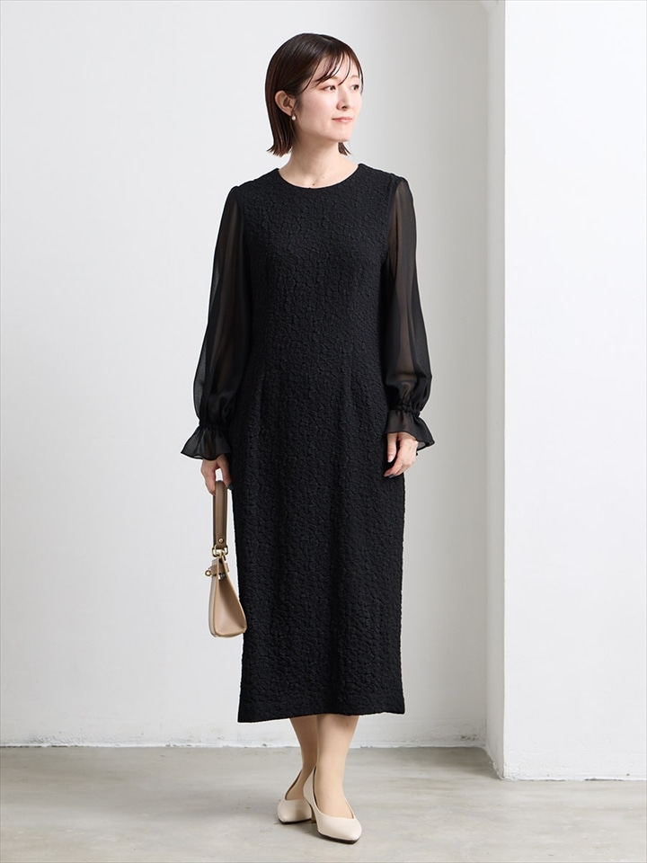 ジョーゼットスリーブふくれジャガードワンピース|ブラック