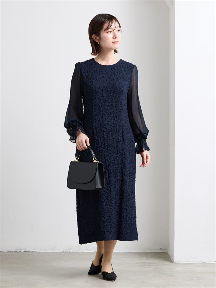 ジョーゼットスリーブふくれジャガードワンピース|ネイビー