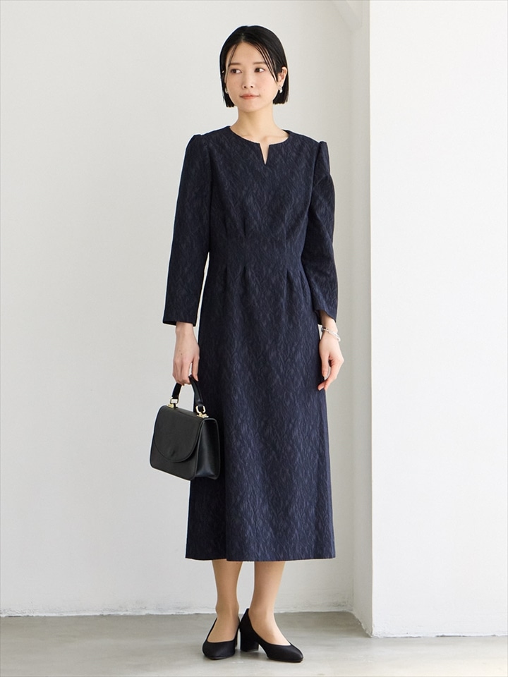 コードジャカードキーネックワンピース|ネイビー
