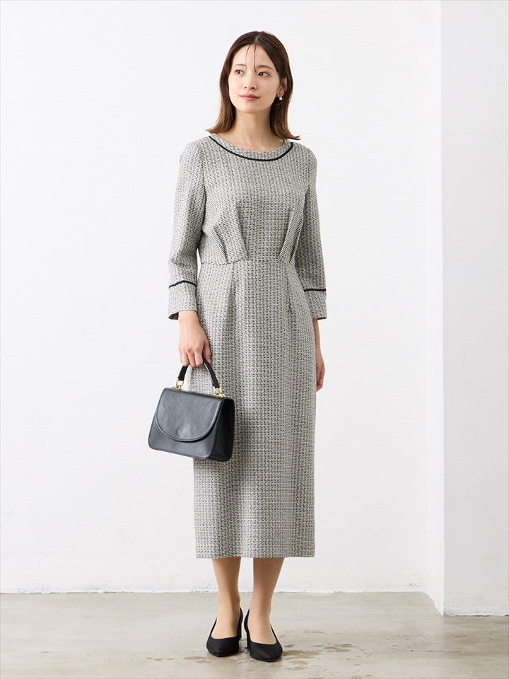 リングツイードタイトワンピース|グレー