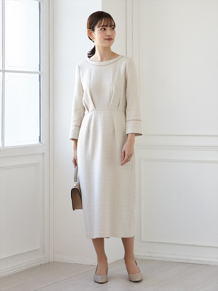リングツイードタイトワンピース|ベージュ