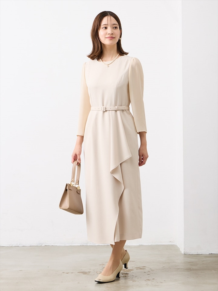 ベルト付きアシンメトリーラッフルタイトワンピース|イエローベージュ
