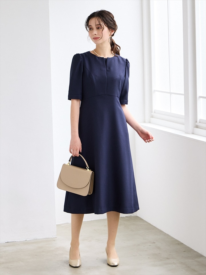 ハーフスリーブセミフレアブッチャーワンピース|ネイビー