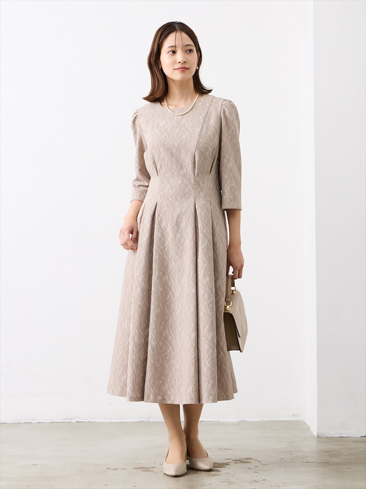 コードジャカードフレアワンピース|ベージュ