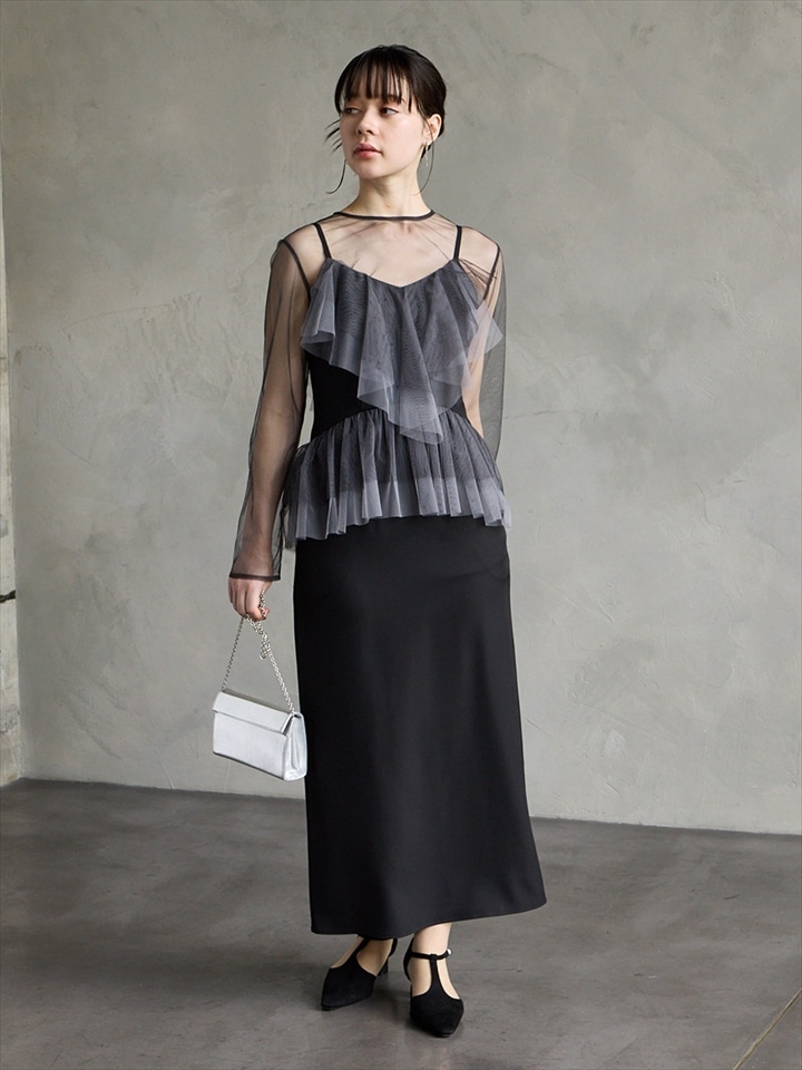 【WEB限定】チュールブラウス×配色フリルIラインドレス2点セット|ブラック