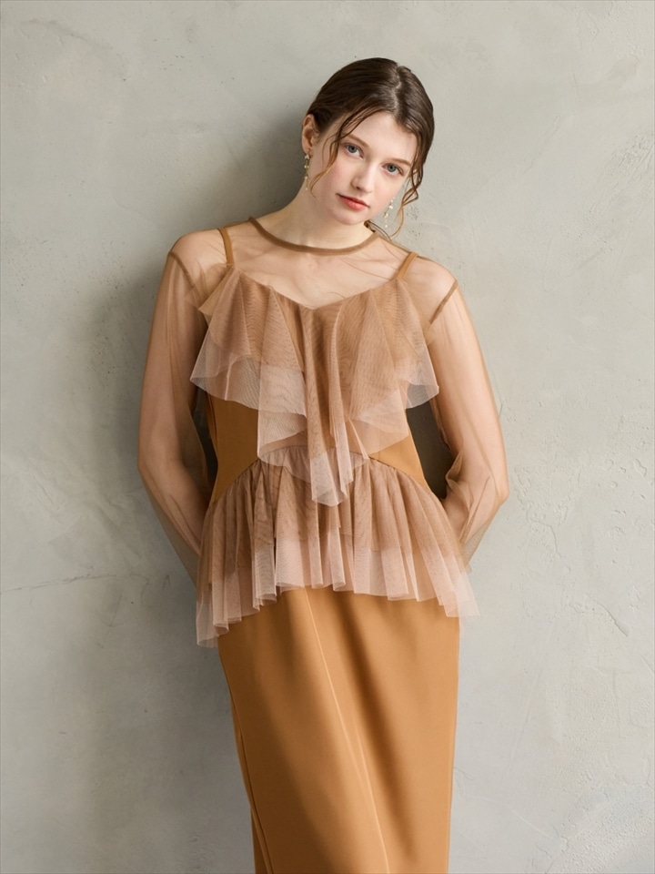 【WEB限定】チュールブラウス×配色フリルIラインドレス2点セット|オレンジ