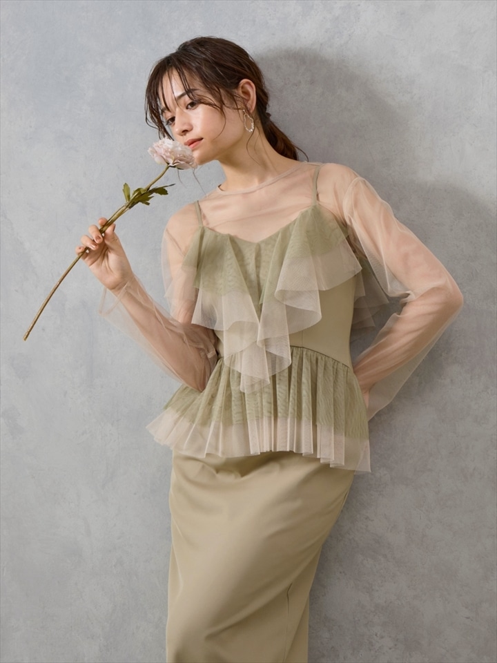 【WEB限定】チュールブラウス×配色フリルIラインドレス2点セット|スモーキーグリーン