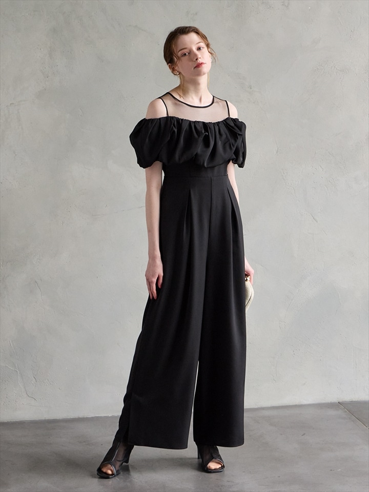 【WEB限定】サテンオフショルダーワイドパンツ|ブラック