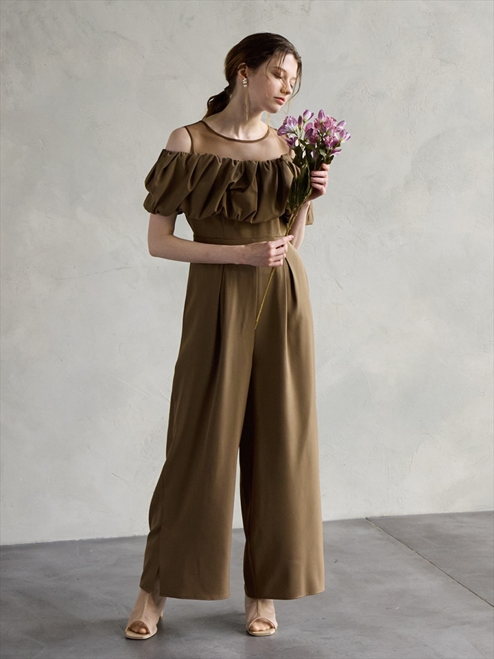 【WEB限定】サテンオフショルダーワイドパンツ|モカ
