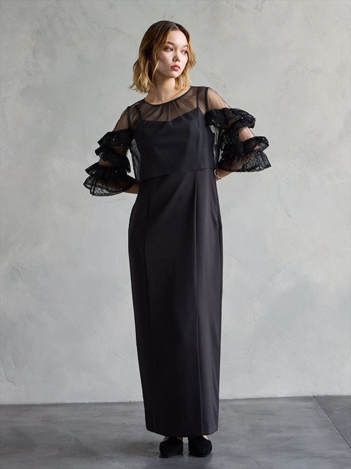 【WEB限定】チェックスパンコールフリルスリーブブラウス×サテンキャミソールタイトワンピース 2点セットドレス|ブラック