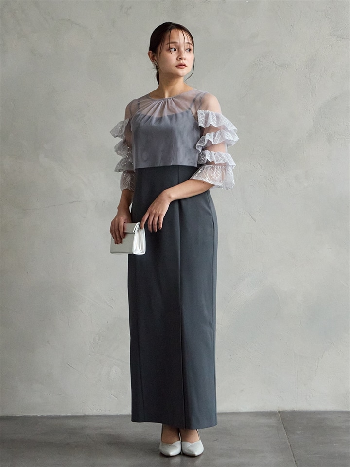 【WEB限定】チェックスパンコールフリルスリーブブラウス×サテンキャミソールタイトワンピース 2点セットドレス|ダークグリーン