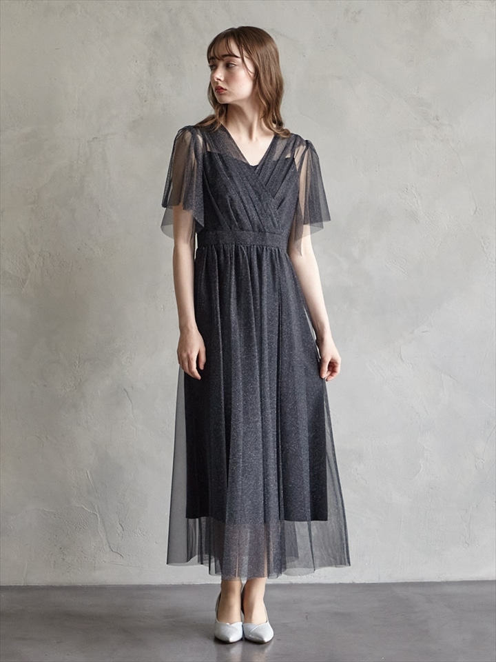 【WEB/Aimer Acret店限定】ラメチュールフレアスリーブカシュクールドレス|ブラック