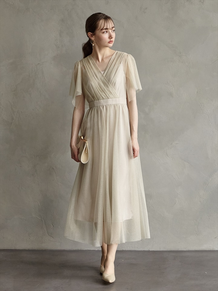 【WEB/Aimer Acret店限定】ラメチュールフレアスリーブカシュクールドレス|ベージュ