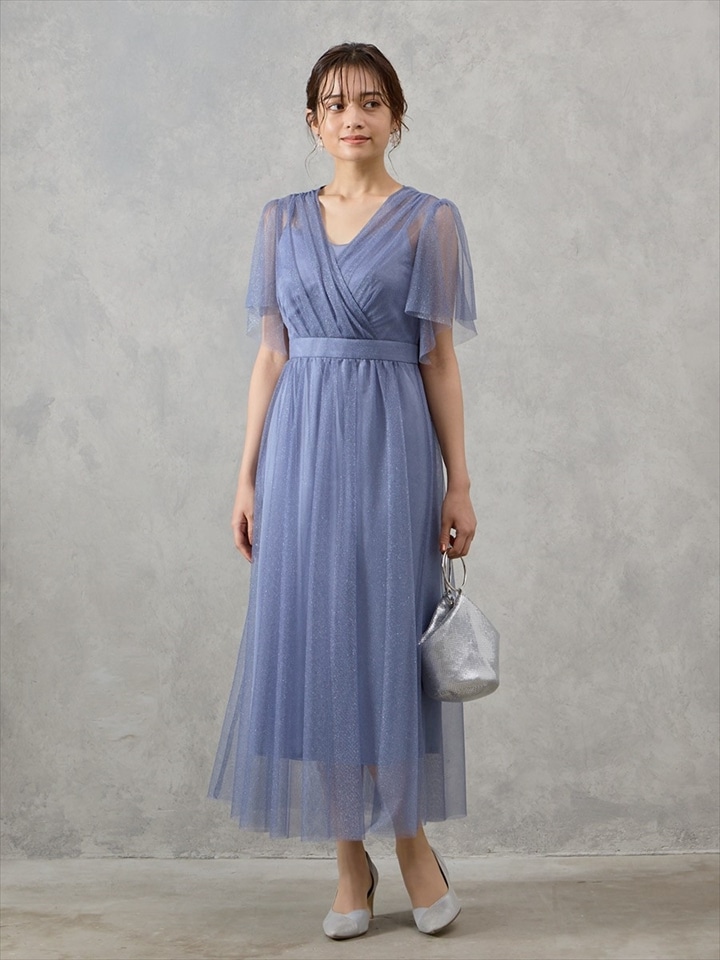 【WEB/Aimer Acret店限定】ラメチュールフレアスリーブカシュクールドレス|ブルー