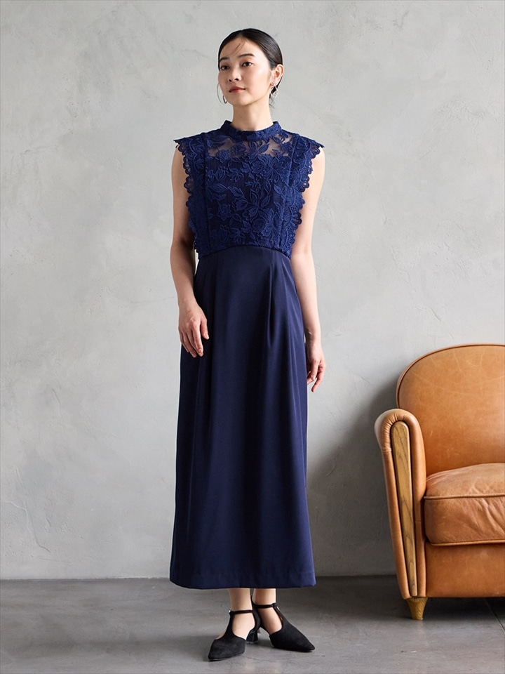 メッシュフラワーレース×マットサテンフリルスリーブタイトドレス|ネイビー