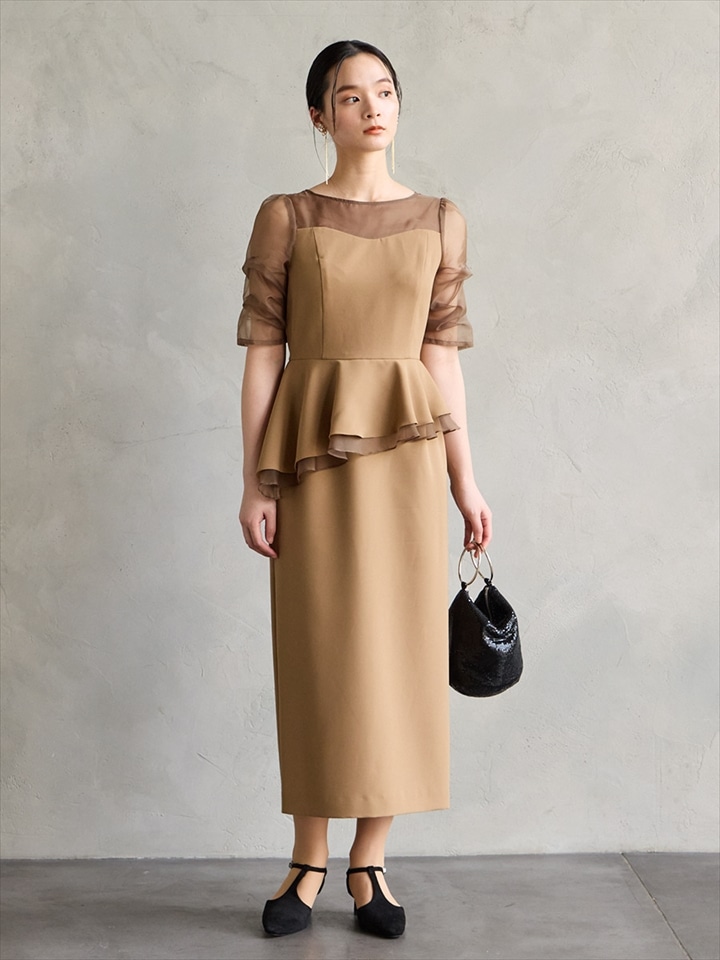 【WEB/Aimer Acret店限定】シャンブレーオーガンスリーブペプラムドレス|キャメル