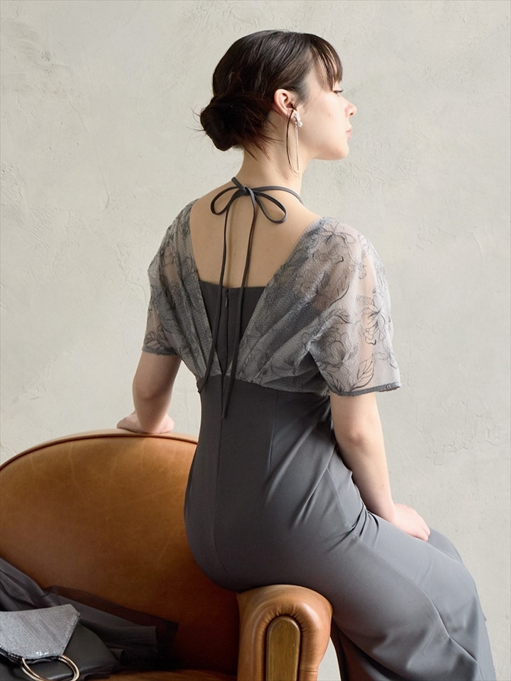 フラワー刺繍レイヤードハイウエストドレス|チャコールグレー